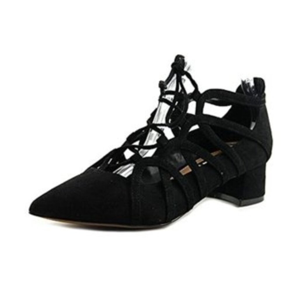 NWT DESIGN LAB Womens' Sarie Black Faux Suede Almond Toe Lace Up Heels Sz 6